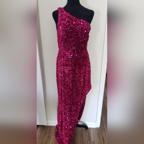 Crystal Doll Dresses & Skirts - Crystal Doll Pink Sequin One-Shoulder Gown